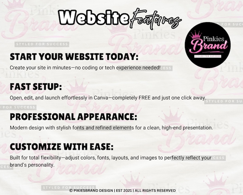 May include: A promotional graphic for Pinkies Brand, featuring website features. Text includes "Start Your Website Today," "Fast Setup," "Professional Appearance," and "Customize With Ease." The Pinkies Brand logo is a black circle with pink text and a crown.