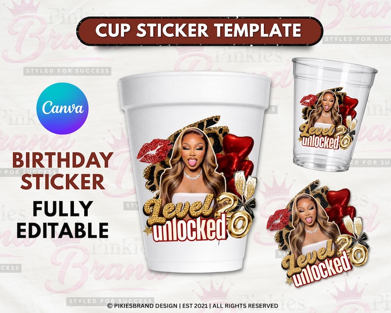 Cheetah Print Birthday PNG Template: Wild Party Design Red Cheetah Birthday Sticker, Styrofoam Cup Sticker, Shot Glass, All Zodiac Signs