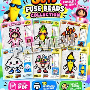 May include: A Stumble Guys Fuse Beads Collection digital PDF featuring 10 printable patterns. The image displays five grid-based pixel art designs including Meowmer, Corn, Inferno Dragon, Nuvoletta, Cereal, and Banana Guy with color legends.
