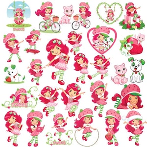 May include: A collection of cartoon illustrations featuring a girl with red hair and a strawberry hat. The images include the girl on a swing, riding a bicycle, and with pets. The color palette is primarily pink and green.