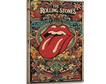 May include: A framed canvas print featuring a vintage design for The Rolling Stones. The artwork showcases the band's iconic red lips logo, surrounded by a colorful, psychedelic design with text including "AMCORT" and "LONG SAR".