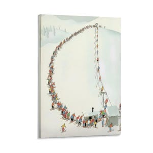 May include: A framed print of a vintage ski resort scene. The artwork depicts a long line of skiers ascending a snowy slope on a ski lift. The skiers are wearing colorful winter attire. A small building is at the base of the lift.