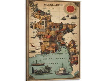 Vintage Illustrated Map of Bangladesh Wall Art Antique Style Country Map Print Travel Decor