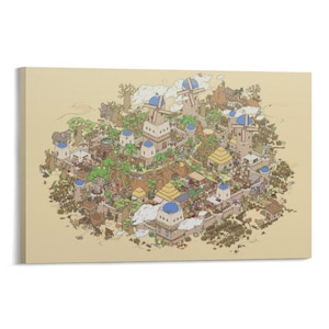May include: A canvas print featuring a detailed illustration of a whimsical village. The artwork showcases buildings with blue domes, windmills, and lush greenery, set against a beige background. The style is reminiscent of a children's book illustration.
