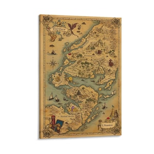 May include: A vintage-style map print with a tan background and detailed illustrations of a fantasy world. The map features landmasses, oceans, ships, and the text "Ehentura" and "J. Thantus". The map is framed with a wooden border.