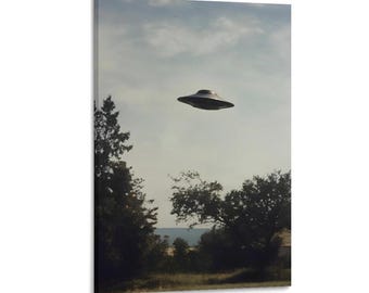 以下が含まれることがあります： ヴィンテージスタイルのプリントは、木々や野原の風景の上を、雲の多い空に浮かぶUFOを描いています。空飛ぶ円盤は暗く、クラシックな円盤の形をしています。このシーンは、ミステリーとレトロSFの感覚を呼び起こします。