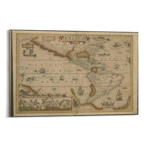May include: A rectangular wall art print featuring an antique-style map of the Americas. The map displays beige parchment tones with black ink cartography, illustrations of sailing ships, sea creatures, and a decorative border with human figures.