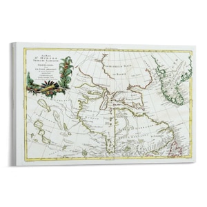 May include: A framed vintage map print featuring a detailed cartographic depiction of a region, likely North America. The map is rendered in muted tones of beige, green, and yellow, with intricate lines and text. Decorative botanical illustrations adorn the upper left corner.