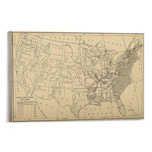May include: A vintage map print of the United States, depicting frontier lines from 1790-1880. The map is in sepia tones, with detailed geographical features and state boundaries. Text includes state names and the title "Frontier Lines".