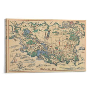 May include: A vintage-style map of Victoria, B.C., featuring a detailed illustration with green, blue, and brown hues. The map includes depictions of ships, buildings, and landmarks, with the text "Victoria, B.C." at the bottom.