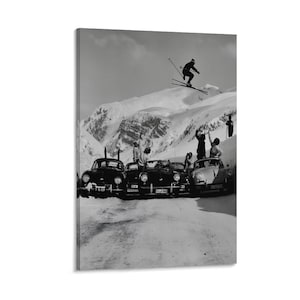 Vintage Ski Jump Over Cars Black and White Alpine Photo Retro Skiing Wall Art Print Midcentury Winter Sports Decor