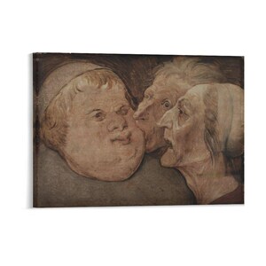 May include: A rectangular canvas print featuring a sepia-toned painting of three figures. A large, round-faced person in a cap is positioned on the left, while two older, sharp-featured individuals with head coverings lean in close from the right.