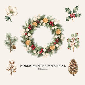 May include: A collection of watercolor botanical illustrations featuring a central wreath made of pine branches, dried orange slices, red berries, and eucalyptus leaves, surrounded by individual sprigs of holly, cotton, and pinecones with the text NORDIC WINTER BOTANICAL 25 Elements.