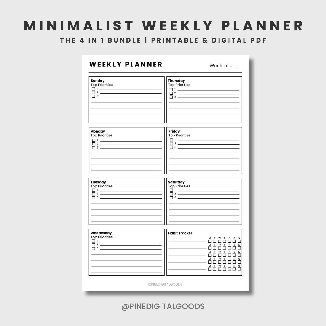 Minimalist Weekly Planner Printable | 4 Layout Bundle | Digital Weekly ...
