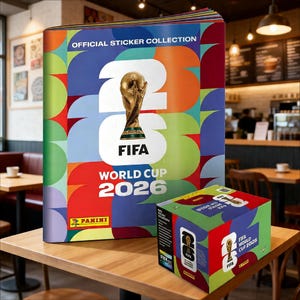 Può includere: Un album da collezione di figurine FIFA World Cup 2026 e una scatola di figurine sono esposti su un tavolo di legno. L'album presenta il trofeo FIFA e la scritta "WORLD CUP 2026". La scatola mostra anche il logo FIFA.