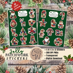 Op de afbeelding: Twee vellen kerststickers met patchwork-ontwerpen. De stickers bevatten de kerstman, een sneeuwpop, een rendier, een kerstboom en andere feestelijke vormen. De tekst "Jolly Patchwork Stickers" is zichtbaar. Digitale download.
