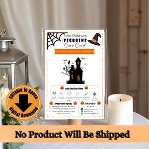 May include: A rectangular Halloween-themed business care card featuring a black haunted house silhouette, a spider web, and a witch hat. The card includes text titled Your Business Figurine Care Card, care instructions with icons, and contact details.