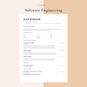 Könnte beinhalten: Ein professioneller Lebenslauf für Alex Morgan, einen Senior Software Engineer. Das Dokument enthält Abschnitte für berufliche Zusammenfassung, technische Fähigkeiten, Erfahrung, Ausbildung und Zertifizierungen in einem klaren, weißen Layout.