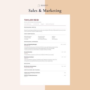 Könnte beinhalten: Ein professioneller Lebenslauf für Taylor Reid, Sales and Marketing Manager, mit Abschnitten für Profil, Kernkompetenzen, Berufserfahrung, Ausbildung und Zertifizierungen. Das Dokument enthält den Text Brandify Digital Co.