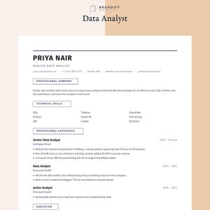 May include: A professional CV for a Senior Data Analyst named Priya Nair. The document includes contact details, a professional summary, technical skills such as SQL, Python, and Tableau, and a detailed work history at Northgate Retail and Fermwood Health.