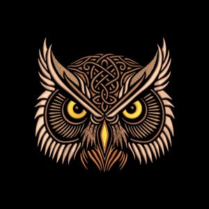 May include: Detailed illustration of an owl's face with a Celtic knot design on a black background. The owl features intricate patterns in shades of brown and tan, with bright yellow eyes and a sharp beak.