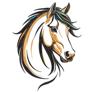 May include: An embroidered design of a horse's head, featuring a white face, a golden mane, and black and teal accents. The horse's head is depicted in profile, with flowing lines and detailed stitching.