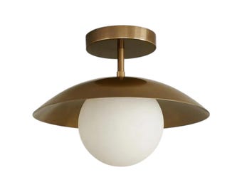 Mid Century Brass Ceiling Light with Opal Glass Globe | Modern Semi Flush Mount Lighting