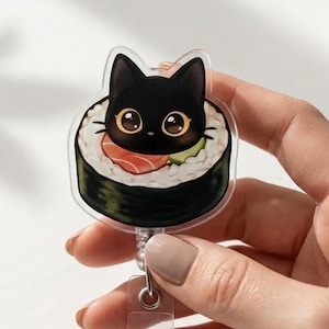 Portatarjetas de identificación de sushi de gato negro, clip para credencial veterinaria, regalo divertido para amantes de los gatos, porta credenciales de oficina, portacredencial de enfermera gótica, carga de vacío de gato negro