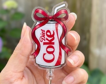 Diet Coke Badge Reel with Bow, Cute Soda Can ID Holder, Retractable Nurse Badge Clip, Coquette Aesthetic Work Accessory, Doctor Gift