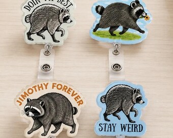 Jimothy Raccoon Badge Reel, Seattle Jimothy Badge, Stay Weird Nurse Badge, Seattle Short Spine Raccoon Badge Holder, Pandas Jimothy Badge