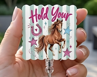 Hold Your Horses Striped Badge Reel, Retro Western Cowgirl Aesthetic Badge Holder, Horse Scalloped Edge Nurse Teacher Retractable ID Clip