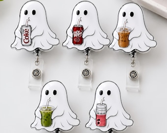 Ghost Diet Soda Badge Reel, Diet Drink Halloween Badge, Iced Coffee Ghost Badge, Matcha Ghost Badge, Coffee Addict Badge, Goth Badge Holder