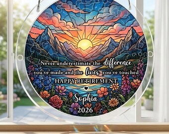 Retirement Puzzle Suncatcher, Personalized Retirement Gift for Teacher Nurse Colleague, Sunset Landscape Puzzle Suncatcher, Gift For Dad