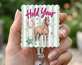 Hold Your Horses Mint Green Striped Badge Reel, Retro Western Trendy Badge Holder, Cute Horse Scalloped Edge Retractable ID Clip For Nurses
