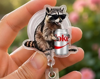 Diet Coke Raccoon Nurse Badge Reel, Cool Trash Panda Drink Diet Soda ID Holder, Diet Coke Badge Holder, Gift for Diet Coke Lovers