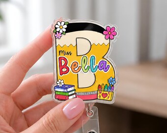 Custom Teacher Badge Reel, Back To School Badge Clip, Monogram Teacher Badge Holder, Pencil Initial Badge, Doodle Badge Reel, Initial Badge