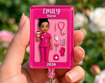Custom Name Nurse In Toybox Acrylic Badge Reel, Unique Nurse Badge, Doctor Badge Reel, Hospital ID Holder, Cute Pink Medical ID Clip