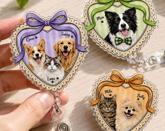 Benutzerdefinierte Haustier Abzeichen Reel, personalisierte Hund Katze Porträt Herz Ausweishalter, Krankenschwester Tierarzt Tech Abzeichen, einziehbare ID Ausweis Reel, Hund Mama Geschenk