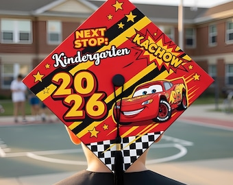 Lightning McQueen Grad Cap Topper For Boys, Kachow 2026 Graduation Cap Topper, Next Stop Kindergarten Cap Decor, Race Car Preschool Topper