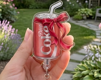 Diet Coke Badge Reel with Bow, Coquette Red Soda Can ID Holder, Retractable Acrylic Badge Clip, Cute Soda Lover Gift, Nurse Badge Reel