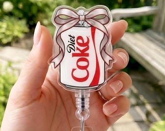 Diet Coke Badge Reel with Bow, Coquette Aesthetic Soda Can ID Holder, Retractable Nurse Badge Clip, Cute Soda Lover Gift, Office Badge