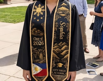 Custom Philippines Graduation Stole Class of 2026 For Senior, Heritage Sash with Philippines Flag, Mayon Volcano Stole, Kente Style Stole