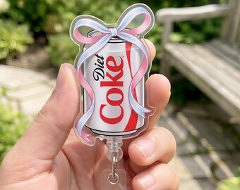Cute Soda Can Badge Reel with Bow, Girly Diet Coke ID Holder, Coquette Nurse Badge Clip, Personalized Gift for Nurse, Medical Accessory