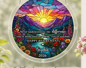 Acrylic Retirement Puzzle Suncatcher, Personalized Retirement Gift for Teacher Nurse Colleague, Sunset Mountain Window Hanging, Gift For Dad