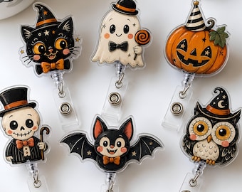 Vintage Halloween Badge Reel, Retro Halloween Mascot, Black Cat Pumpkin Ghost Skeleton Owl Bat, Spooky Cute Nurse ID Badge Holder