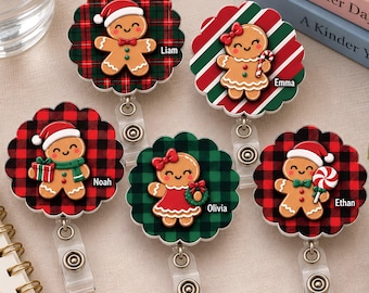 Custom Gingerbread Badge Reel, Gingerbread Man Badge Holder, Christmas Badge Reel, Buffalo Plaid Badge Clip, Gingerbread ID Badge Reel