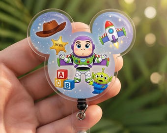 Toy Story Disney acryl badgehaspel, badge muisoren vorm, intrekbare Galaxy ID-clip, Buzz Lightyear-badge, Infinity Beyond-badgehouder
