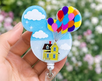UP Movie Disney Inspired Acrylic Badge Reel, Mouse Ears Shape Badge, Celestial Starry Sky Badge Clip , Magical Balloon House Badge Holder