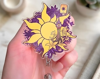Rapunzel Disney Tangled Inspired Acrylic Badge Reel, Magical Sun Tower ID Holder, Princess Badge Holder, Enchanted Forest Retractable Badge