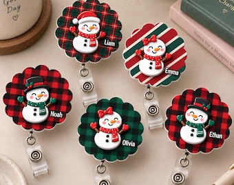 Personalized Snowman Badge Reel, Christmas ID Badge, Buffalo Plaid Badge Clip, Teacher Badge Holder, Hospital Badge, Healthcare Worker Gift